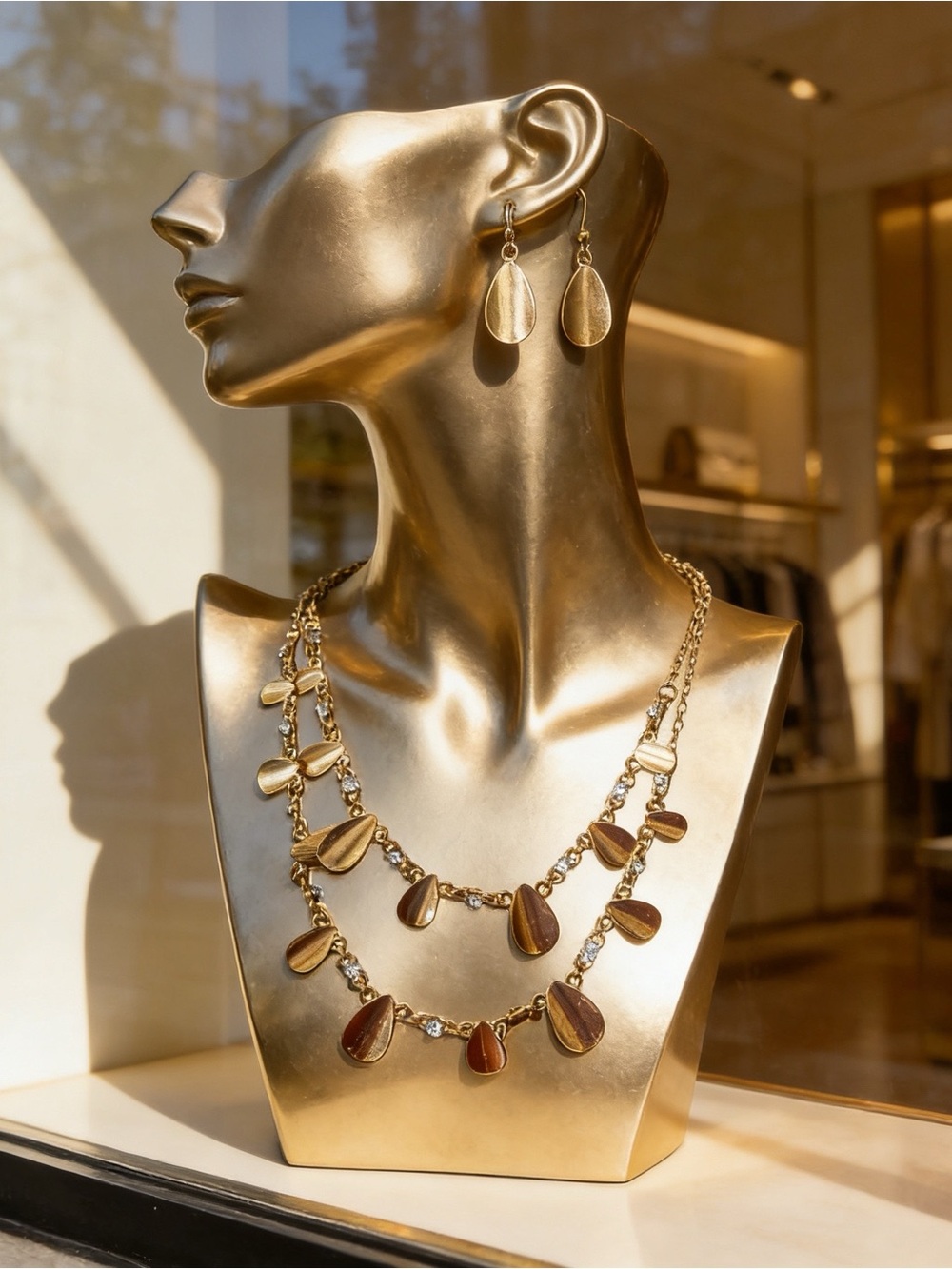 Boho Gold-Tone Double-Strand Necklace & Earring Set with Crystal Accents